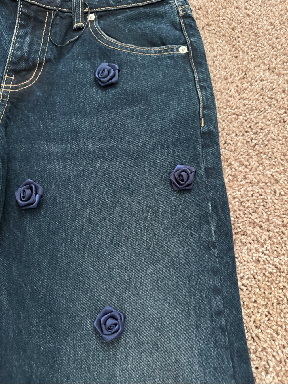 Zara Dark Blue Straight Leg Jeans with Navy Floral Appliqués